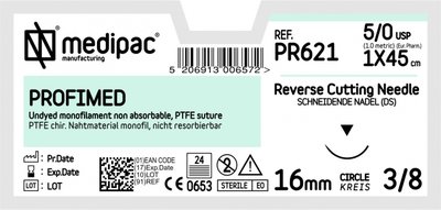 MEDIPAC Profimed (PTFE) - USP 5/0, EP 1.0, jehla řezná 3/8 - jehla 16 mm, délka 45 cm