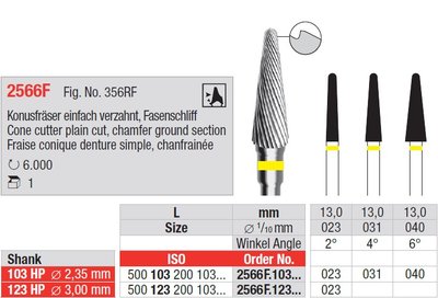 Edenta Lab 2566F - TC nástroje, Cone cutter plain cut, chamfer ground section - 1 ks