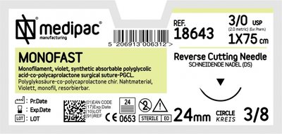 MEDICAP MONOFAST- USP 3/0, EP 2.0, jehla řezná 3/8 - jehla 19 mm, délka 75 cm
