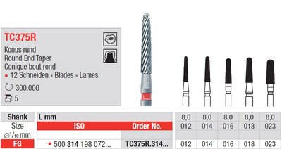 Edenta TC375R - dokončovacie karbidové nástroje, dlhý kužeľ s oblým koncom - 5 ks