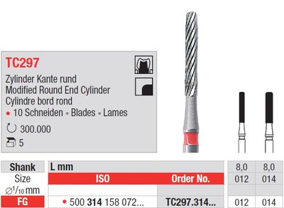 Edenta TC297 - dokončovacie karbidové nástroje, modifikovaný valec s oblým hrotom - 5 ks
