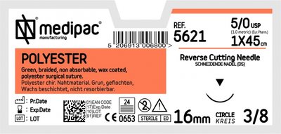 MEDIPAC Polyester - USP 5/0, EP 1.0 - jehla kulatá 1/2, 17 mm, délka 75 cm